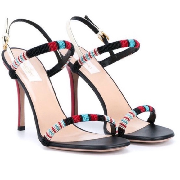 Valentino RARE!! Primitive Beaded Black Heels with Red and Blue Beaded Straps